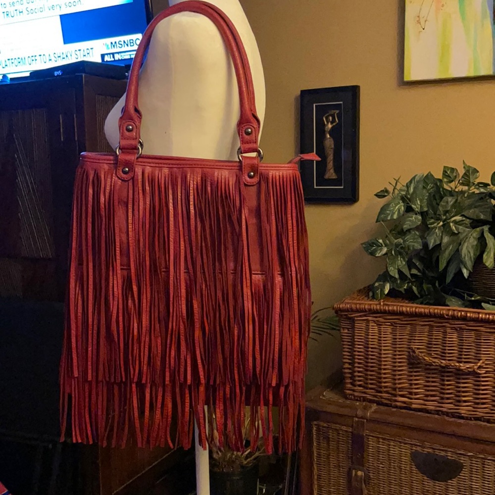Vimoda red faux leather fringe shoulder bag